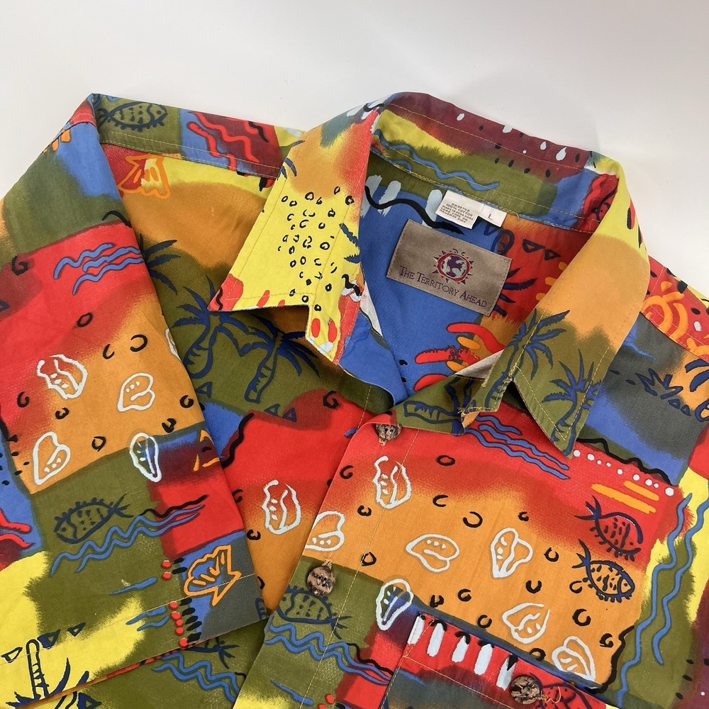 Vintage The Territory Ahead Shirt Men Short Sleeve Multicolor Abstract Print L